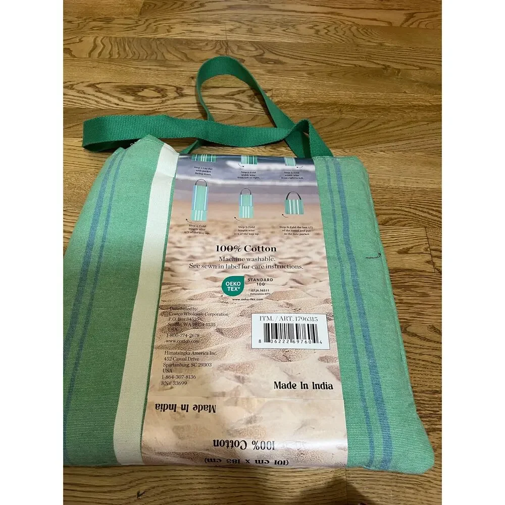 2-in-1 Beach Towel Tote Bag Green Striped 40x72 100% Cotton